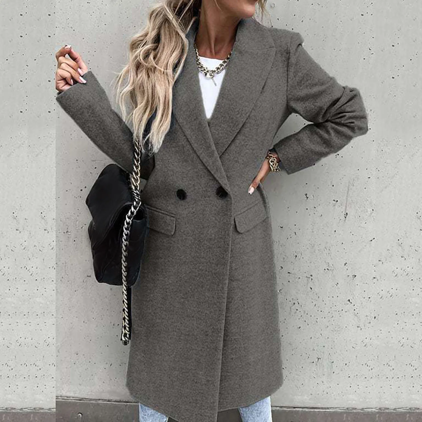 

Autumn And Winter Women's Trench Coats Solid Color Long Sleeve Lapel Woolen Blend Long Jackets For Women Elegant Windbreaker