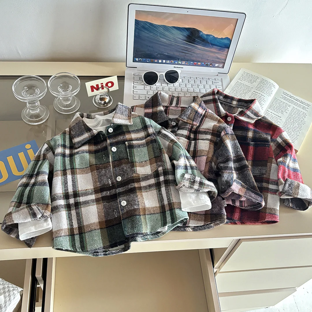 Children's Shirt Long Sleeved Autumn Plaid Shirt for Boys and Girls  Retro Color Blocked New Fashion Cardigan  Lapel Top Jacket