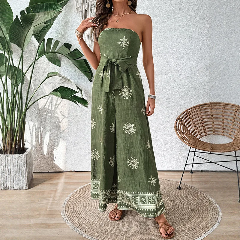 

2025 New Casual Jumpsuit Strapless Snowflake Pattern Print Sexy Backless Wide-leg Jumpsuit One Piece Outfit Women