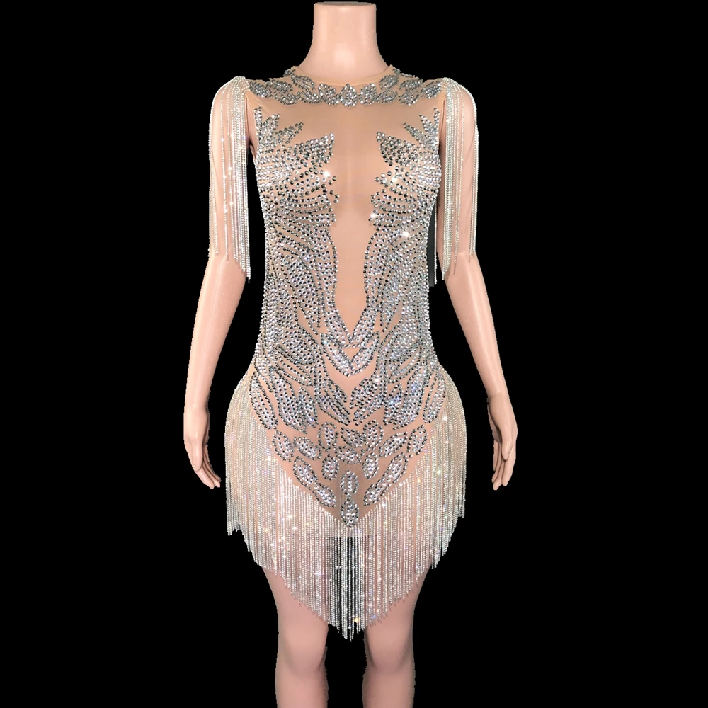 

Evening Prom Wedding Birthday Dress for Women Sparkly Rhinestones Chains Photo Shoot Dress Sexy Mesh See Through Stage Wear