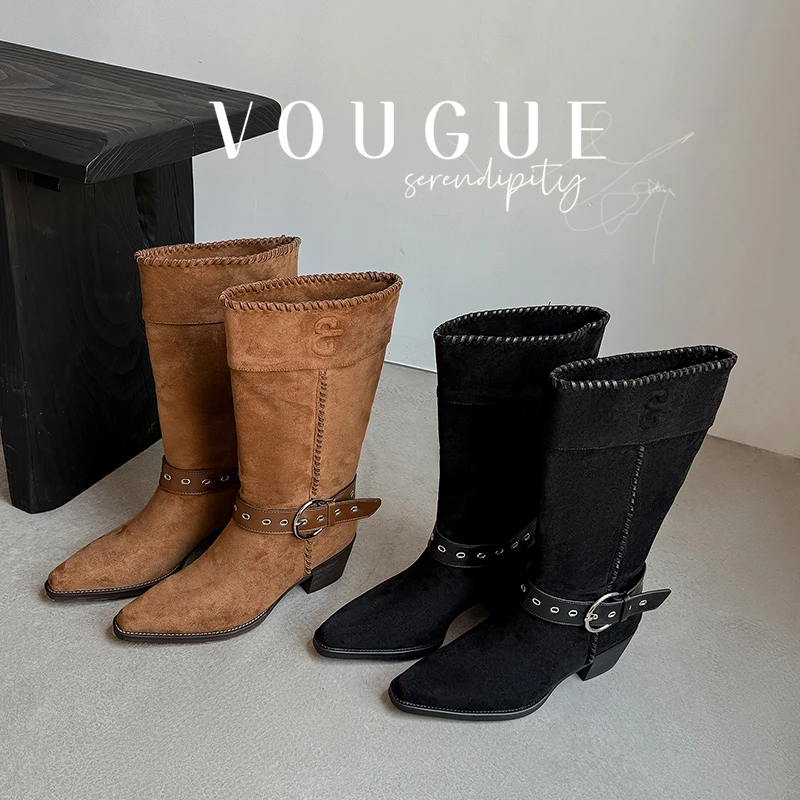 2026 new autumn winter women mid-calf boots natural leather 22-25cm Stretch flannel belt buckle pants boots middle long boots
