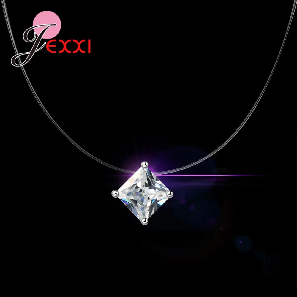 Top Quality Geometry Pendant Necklace 925 Sterling Silver 4 Claw Cubic Zircon Jewelry Clear Fishing Line Choker 8 Color