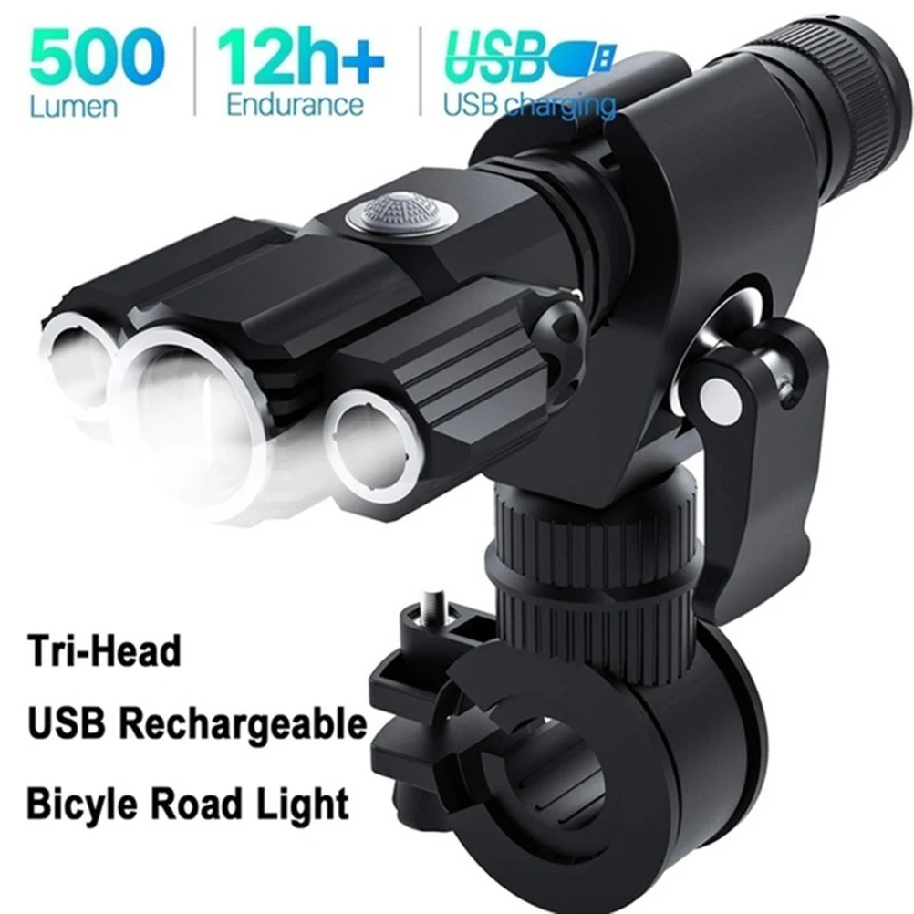 

LED Flashlight Lamp Head Aircraft Shape Rechargeable Three Lamp Head Flashlight Front Light Waterproof Bicycle Riding