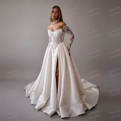 Luxury Wedding Dresses A Line Woman's Long Sleeve Bride Gowns Boat Neck Side Split Appliques Backless Customized Vestidos Novias
