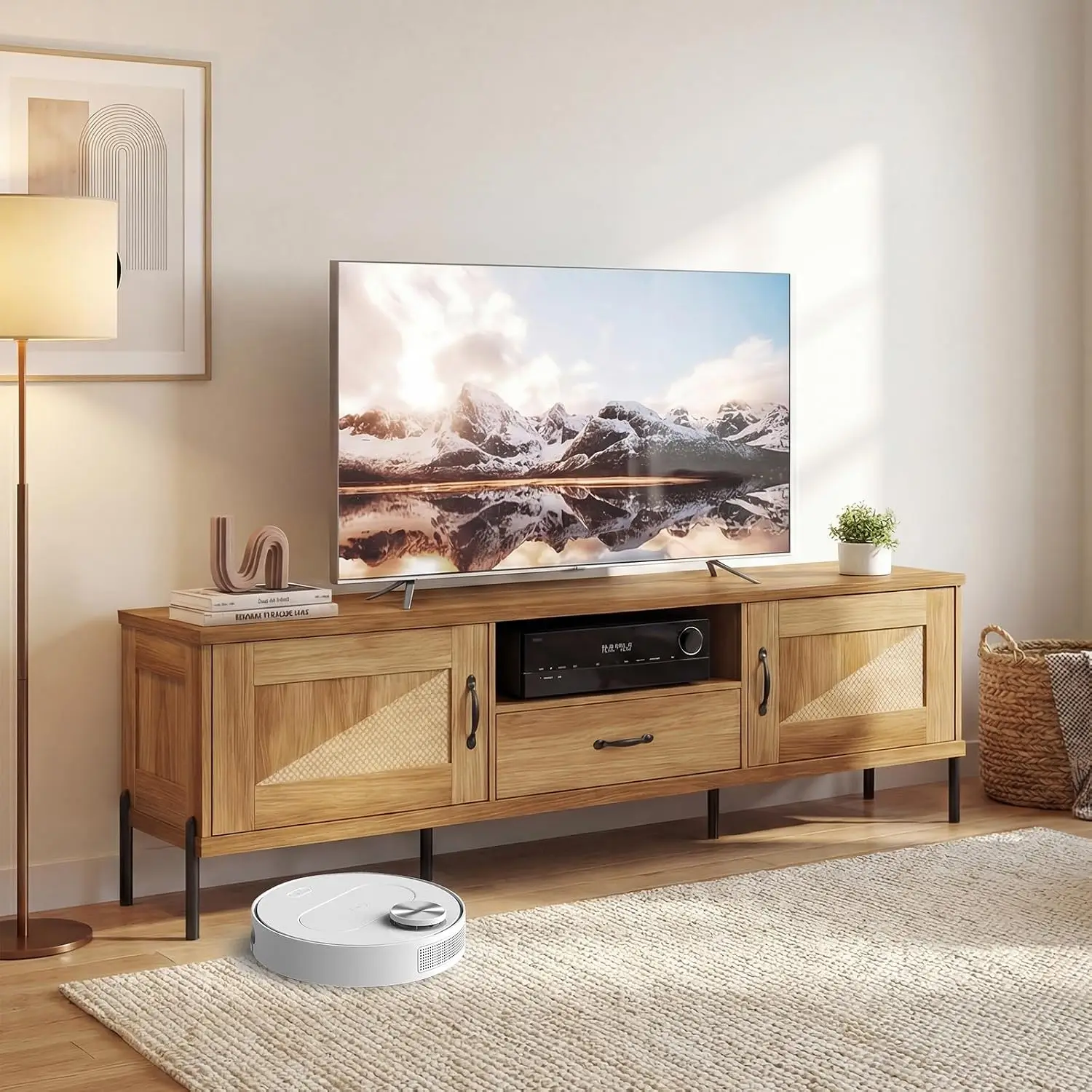 Rattan TV Stand Media Console 2 Cabinets Shelf Drawer Entertainment Center 6 Metal Legs Living Room, Customized
