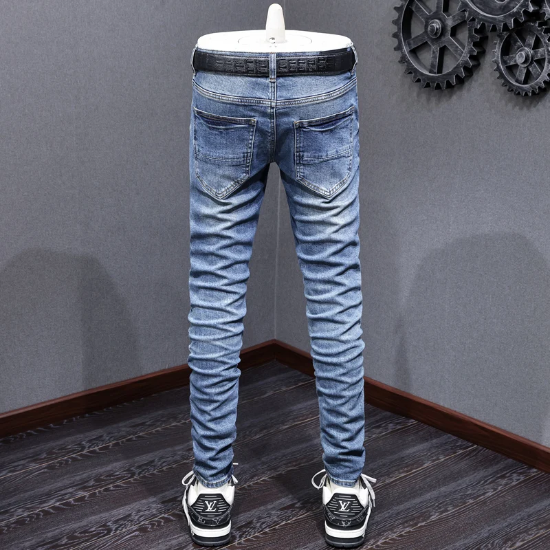 Street Fashion Men Jeans Retro Washed Blue Stretch Skinny Ripped Jeans Men Yellow Leather Patched Designer Hip Hop Brand Pants