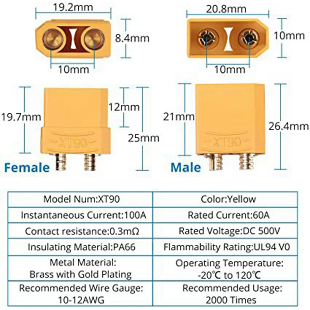 Xt90 Connector 5 Pairs Male Female Connector for High-Amp for RC LiPo Battery Gold Plated Banana