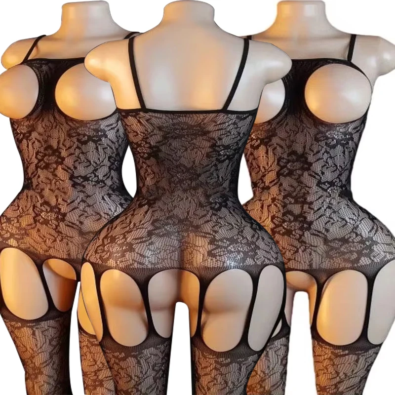 Seksi Crotchless iç çamaşırı artı boyutu kadın siyah çiçek örgü şeffaf Teddies Bodysuit Porno iç çamaşırı açık sutyen Bodystockings
