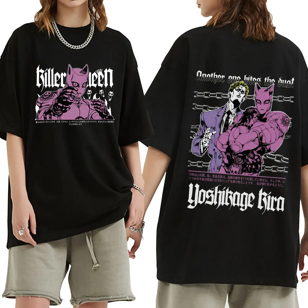 Anime Jojo Bizarre Adventure Kira Yoshikage Killer Queen T-Shirt für Männer und Frauen, Baumwolle, Oversize, Kurzarm, T-Shirt, Oberteil – Detail 2