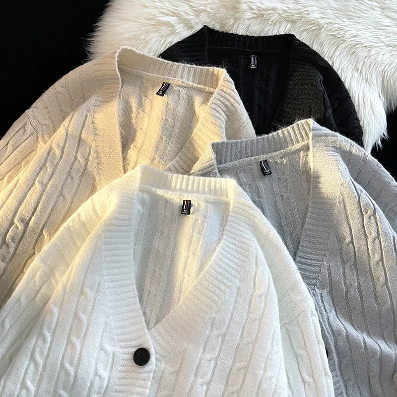 

Warm Knitted Ribbed Sweater Streetwear Outerwear Casual New V Neck Coat Cardigan Jacket Men Women Vintage Long Sleeve Sweatshirt