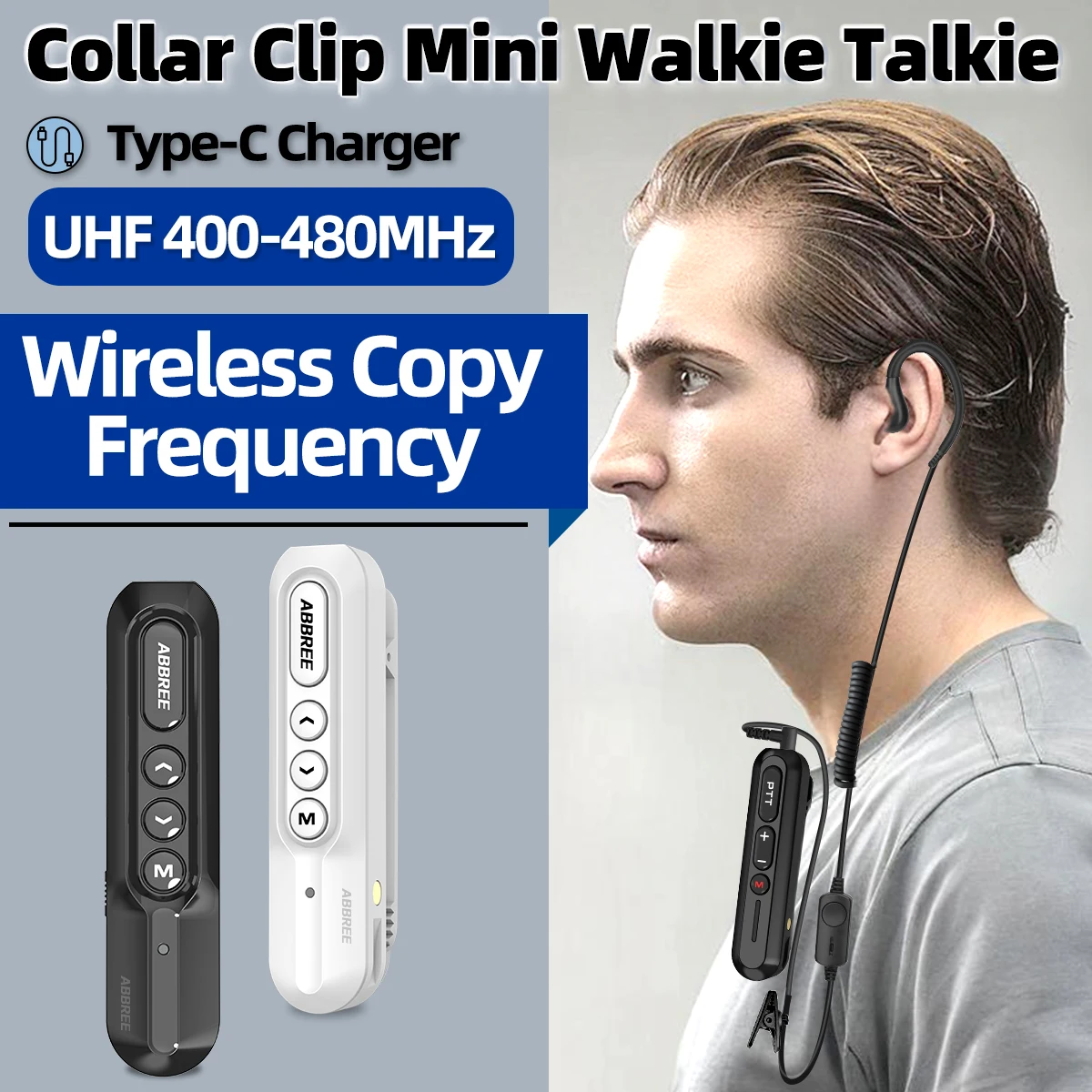 ABBREE AR-W5 Collar Clip Mini Walkie Talkies 8 Volume Adjustment Wireless Copy Frequency  UHF VOX Type-C Chager Handsfree Radios