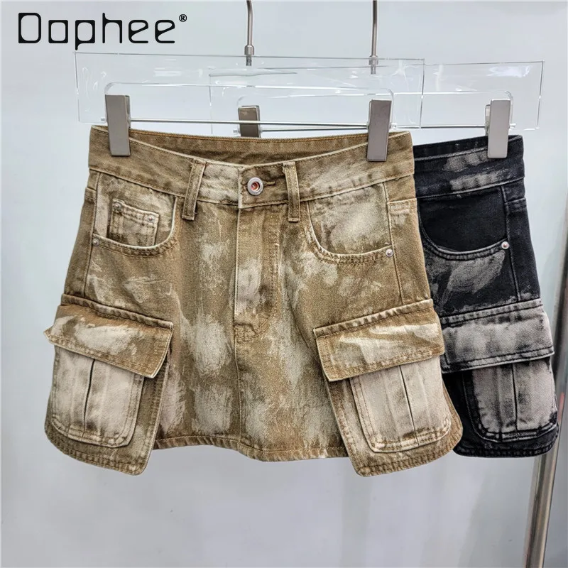 

Streetwear Cargo Mini Skirt Big Pocket A Line Wrap Hip Denim Skirt 2024 Summer New Fashion American Retro Spicy Girl Skirt