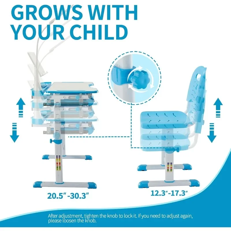 Kids Functional Desk and Chair Set, Ergonomic Height Adjustable Children School Study Desk with Tilt Desktop, Book Stand