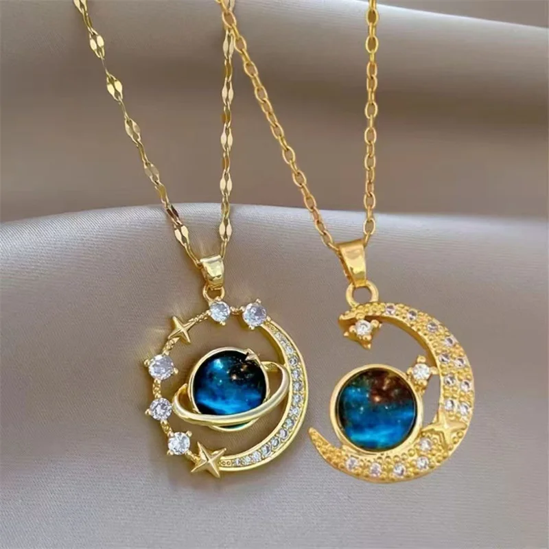 

New Titanium Steel 18K Gold Women’s Necklace Dreamy Planet Moon Starry Sky, Micro Zircon, Luxury Clavicle Chain Wholesale Gift