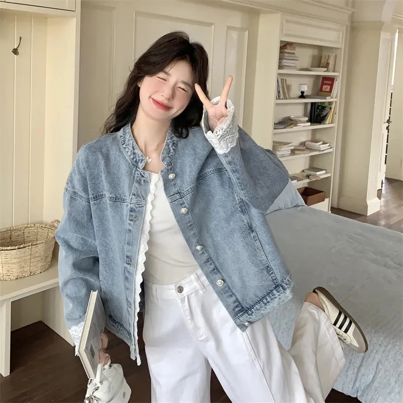 Women Coquette Denim Jacket Lace Spliced Cuffs Oversized Coat Blue Wash Button Down Long Sleeve Loose Fit Y2K Sweet Outerwear