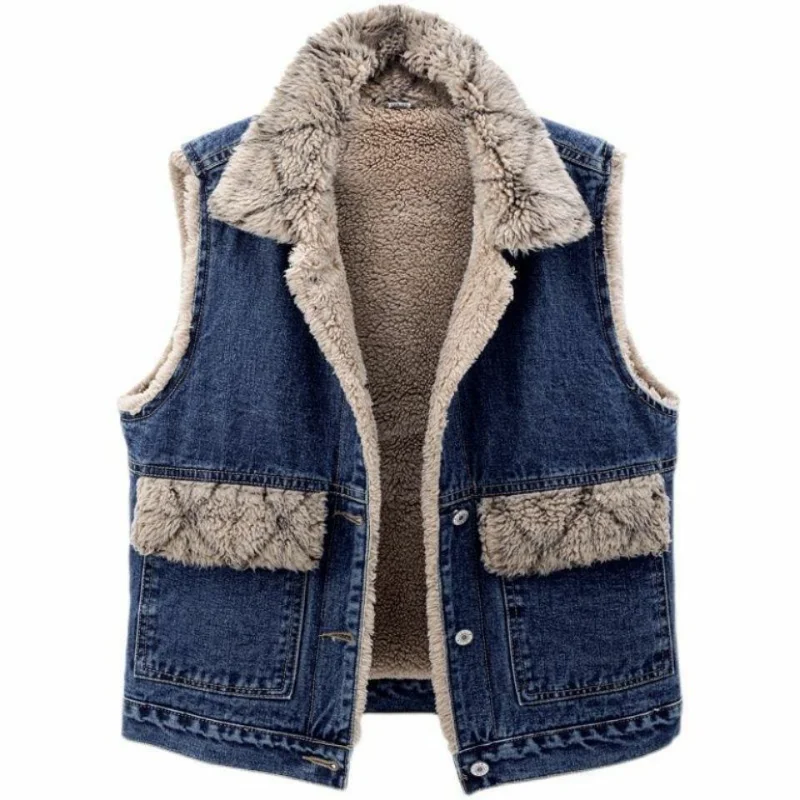 

Осень-зима 2022, новый бархатный утолщенный джинсовый жилет с капюшоном из овечьей шерсти для женщин, свободный простой