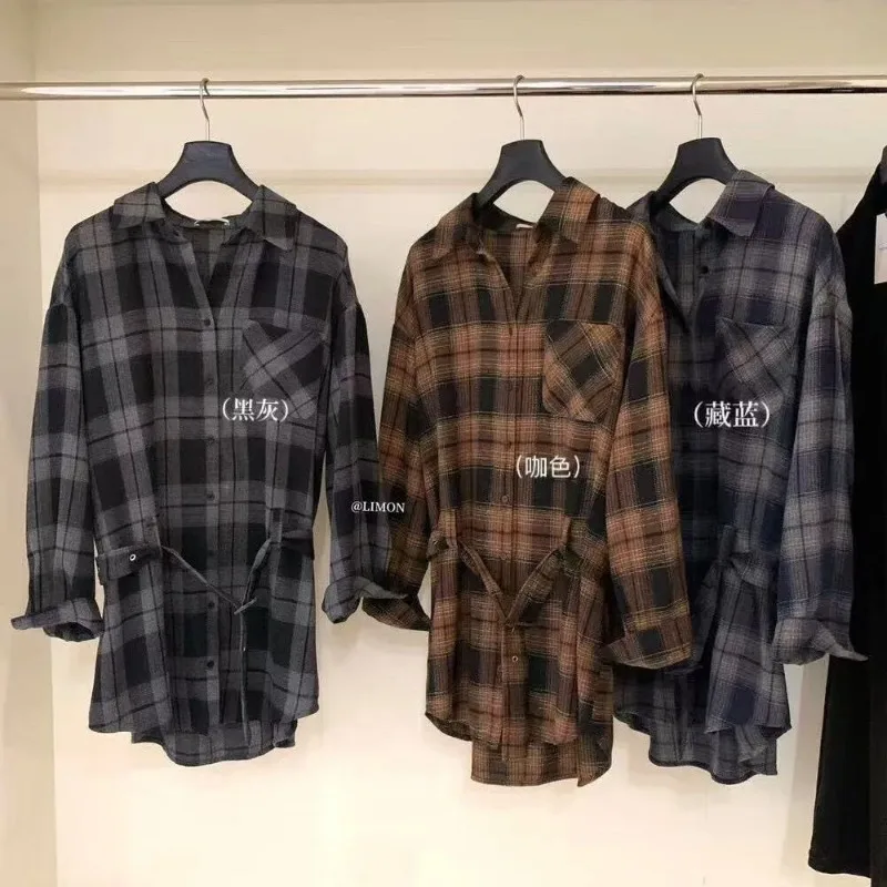 韓国風オールマッチングベルトチェック柄レトロアーティスティックシャツ女性用秋の新ホットスタイル痩身