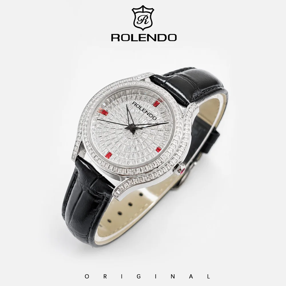 ROLENDO Elegant Inlaid Square Zircon Women Quartz Watch 50M Waterproof Cow Leather Strap Ruby Scale Luxury Female Dress Watch