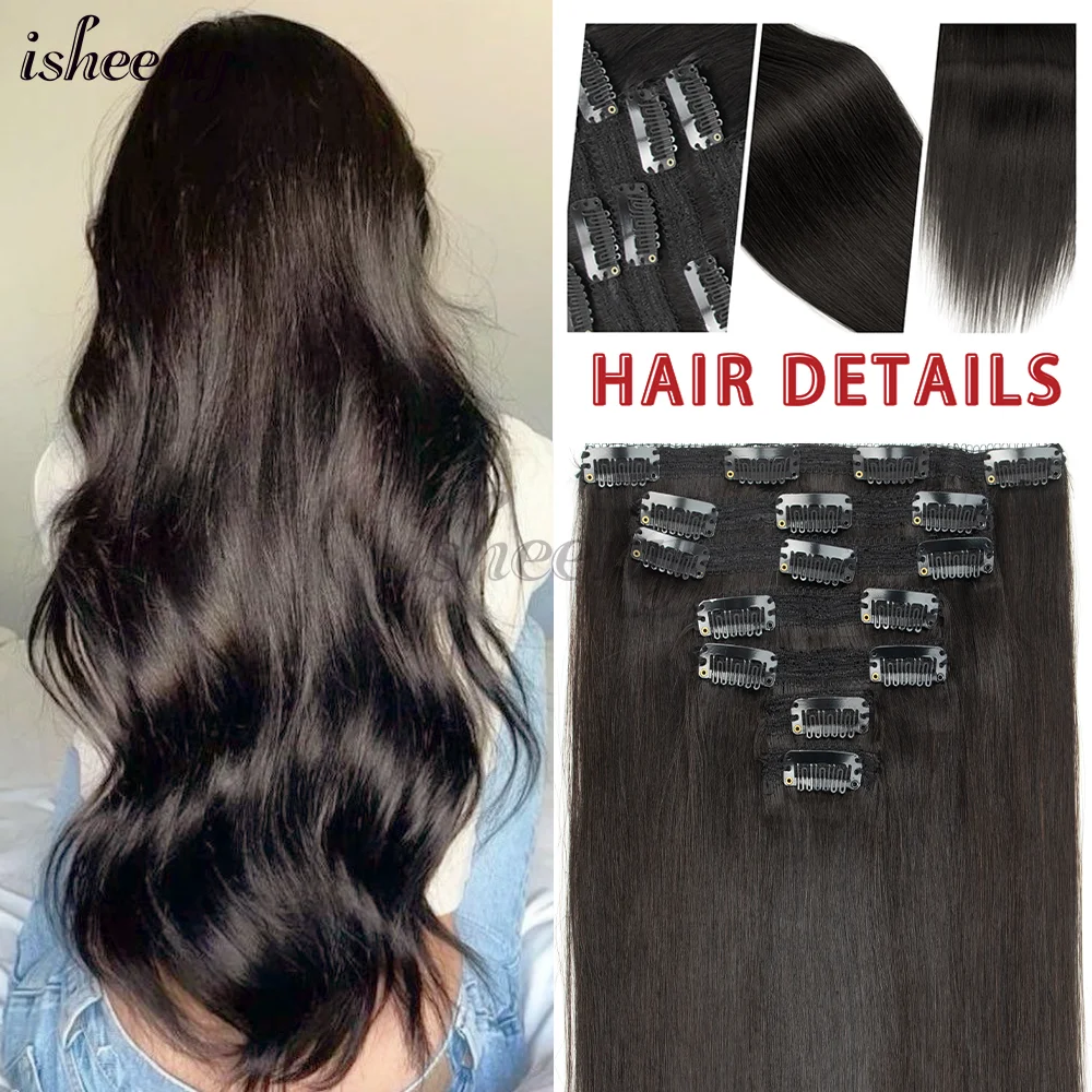 Isheeny كليب في الشعر البشري ملحقات طبيعية 12-24 بوصة آلة ريمي كليب الشعر كامل الرأس 7 قطعة/المجموعة سهلة لارتداء للمرأة #1