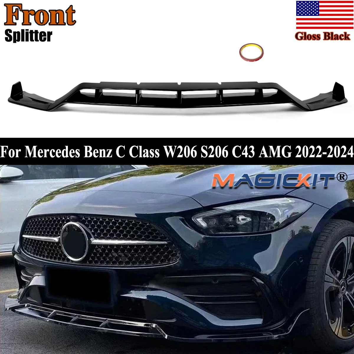 

Magickit C63 Style Front Splitter Lip for Mercedes Benz C Class W206 S206 C200 C260 C300 C43 AMG 2022 2023 2024 Glossy Black