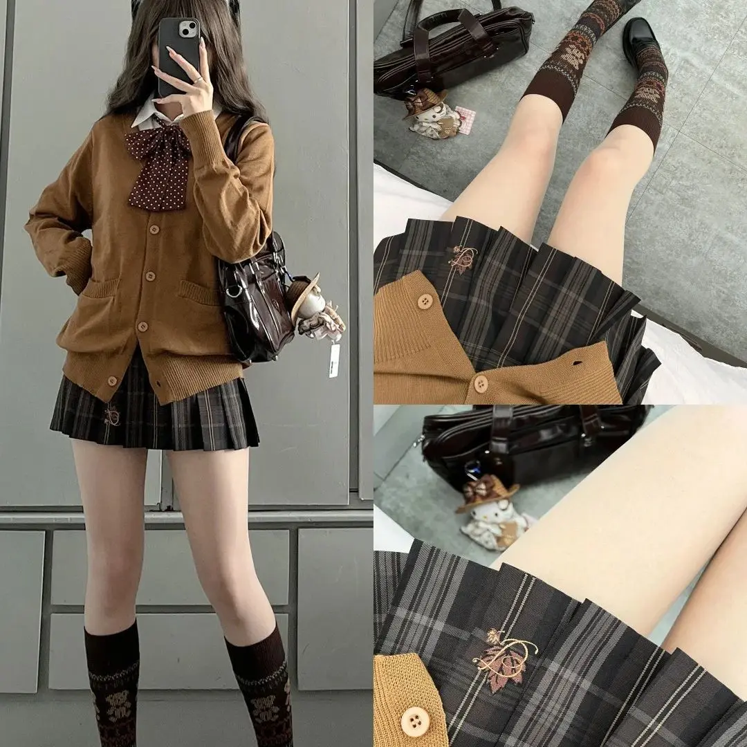 

Autumn Winter New Style Sweet Caramel Bread Short Skirt Knitted Sweater Cardigan Outerwear JK Uniform Atmosphere Sense Fashio...