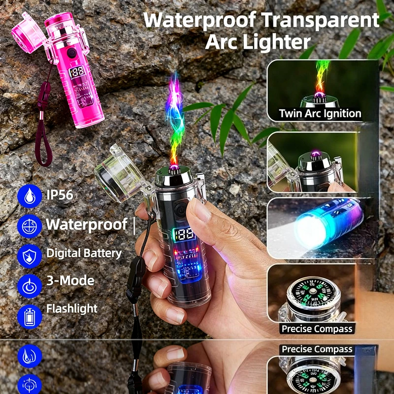 

New Waterproof Windproof Dual Arc Lighter - USB Rechargeable Plasma, High-Bright Dream Atmosphere Light, Multifunctional Lighter