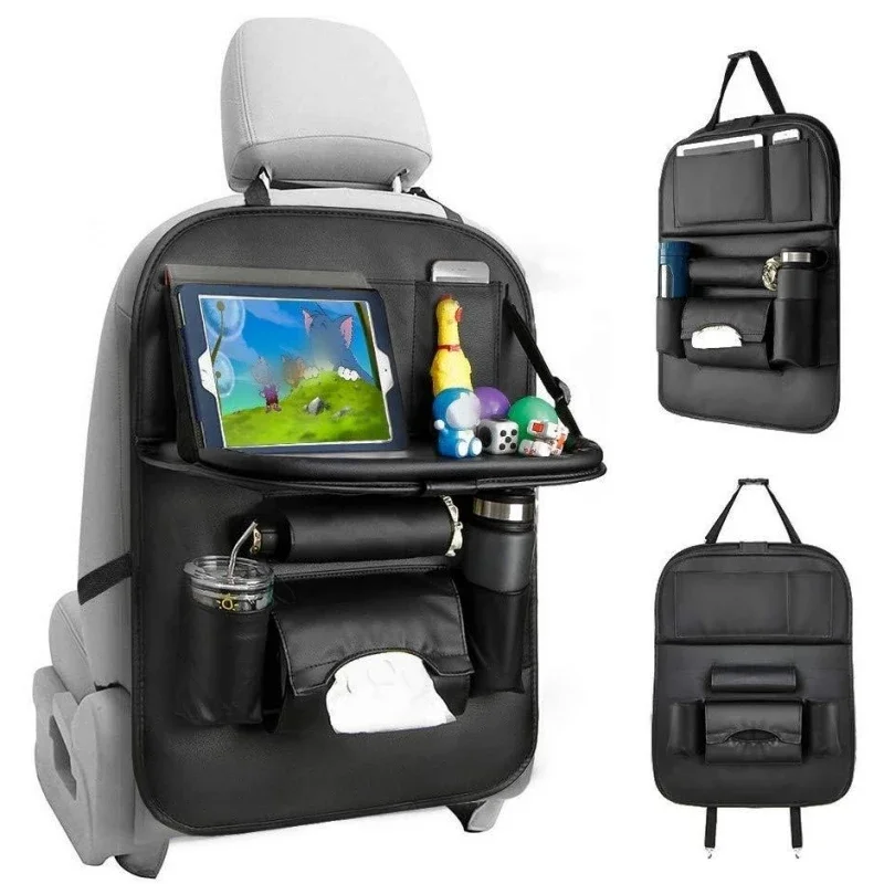 

Car Back Seat Organizer with Foldable Tray Interior Tissue Holder, Footrest Protector, and Multi-Pocket Hanging Storage Bag