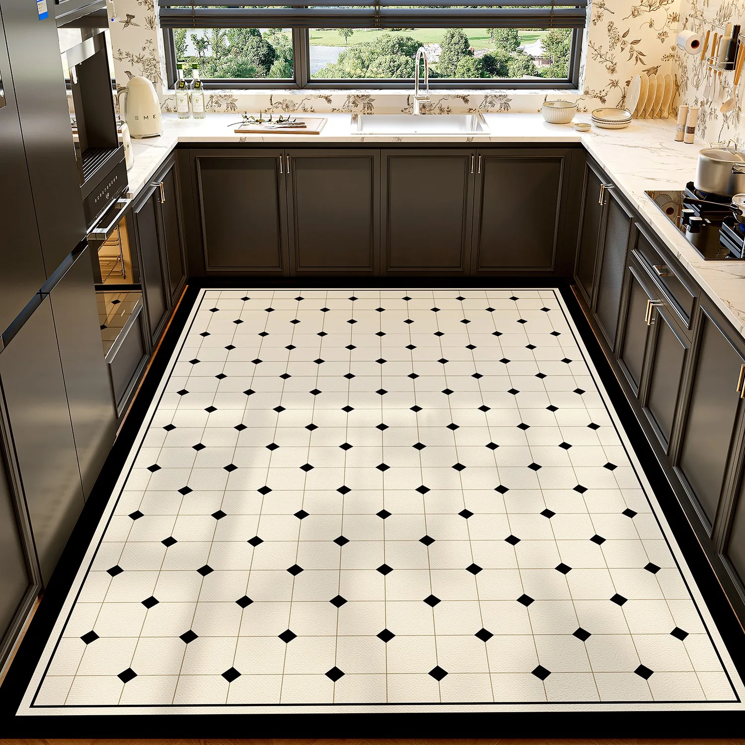 Kitchen Floor Mat Black White Diamond Grid Pattern Pvc Leather Non-slip Carpet Waterproof Oil-proof Large Area Home Decor Rug