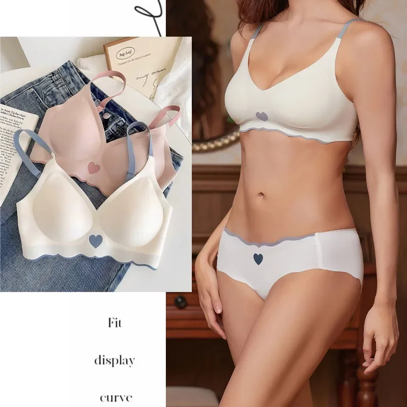 

Seamless Bras Set for Women Push Up Bras Heart Pattern Bralette Sexy Low Rise Ice Silk Briefs Wavy Edge Underwear Set Female
