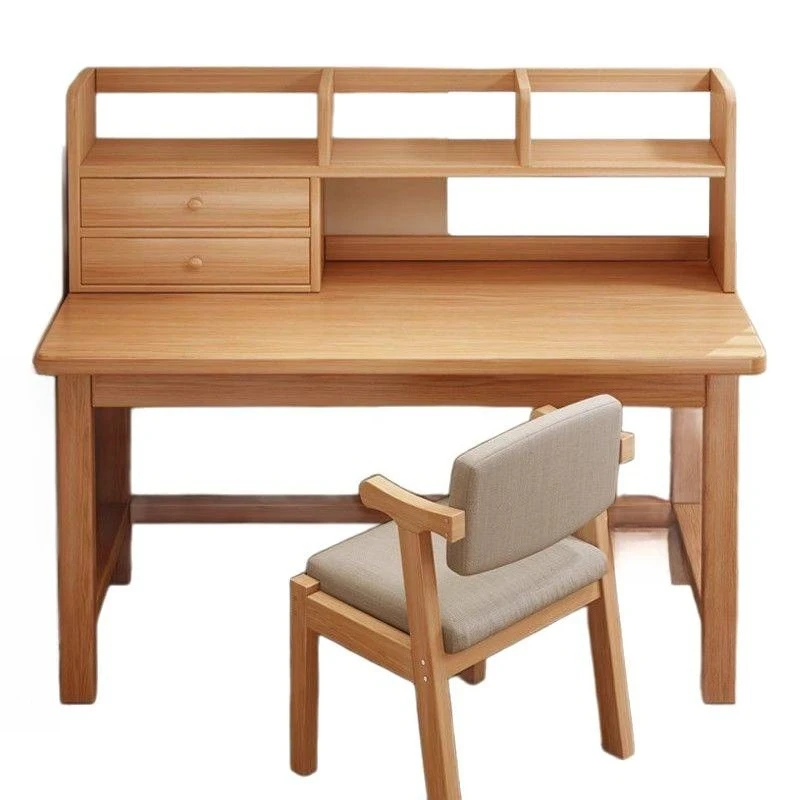 Solid wood desk bookshelf integrated, home bedroom computer desk, students learn to write, simple workbench