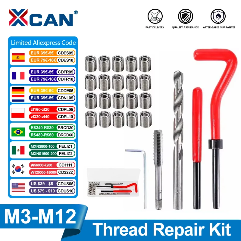 XCAN-Herramienta de reparación de roscas, herramienta manual de 25 piezas, M3/M4/M5/M6/M7/M8/M10/M12/14, para restaurar roscas dañadas, llave