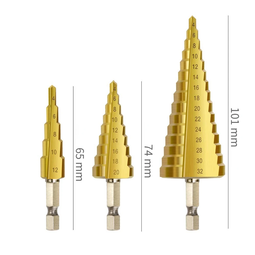 Titanium Plated Passo Broca, Hexagonal Shank, Straight Groove Pagoda Broca, Ferramenta de Perfuração, Acessório Set, 4-12, 4-20, 4-32mm