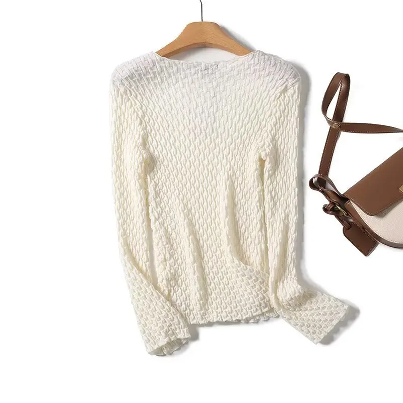 Maxdutti Nordic Minimalist Texture Knitted Basic T-shirt Women Elegance Commuting Casual Top Autumn Long-sleeved Knitwear