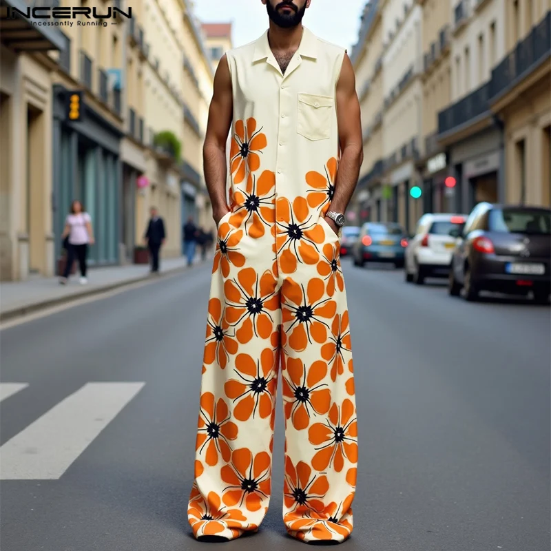 

INCERUN Men Jumpsuits Flower Printing Lapel Sleeveless Casual Overalls Men Streetwear Loose 2025 Fashion Male Rompers S-5XL