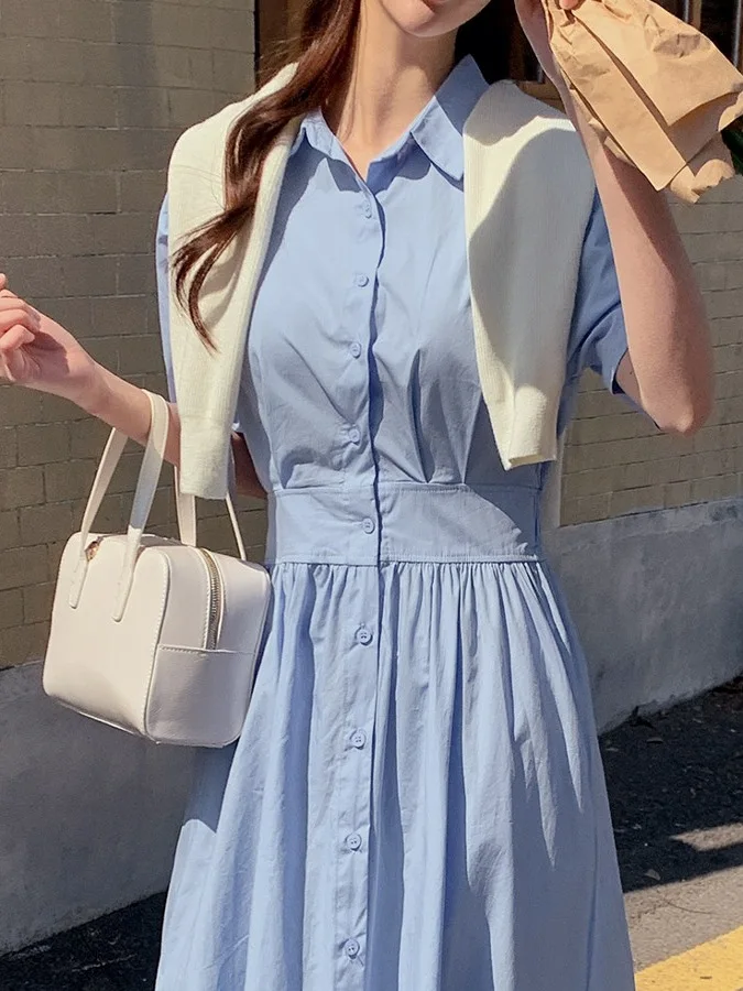 ブルーシャツドレス女性夏の新鮮なファッションウエスト締め半袖ターンダウン襟シングルボタン痩身ハイエンド感ドレス