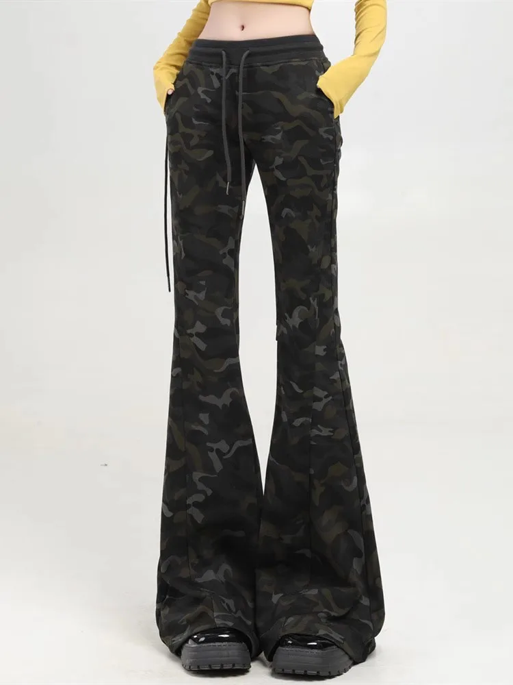 Pantalon de survêtement Dstring de Camouflage américain rétro pour femmes, grande taille, Design de fille chaude, jambe droite, pantalon évasé décontracté