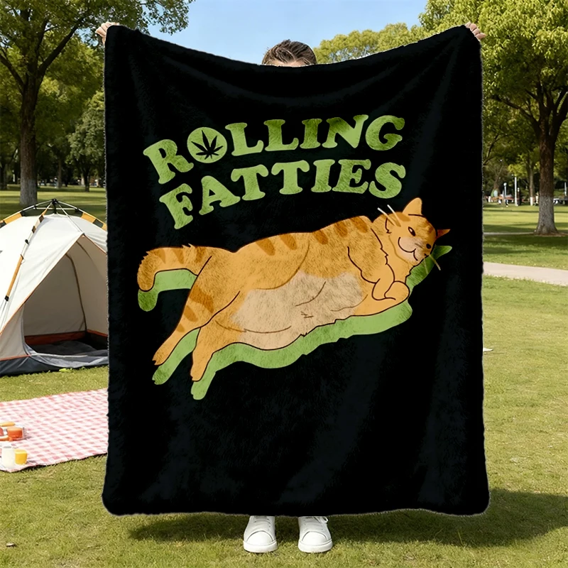 Rolling Fatties Funny Cat Cartoon Flannel Blanket Classic Outdoor Graphic Tshirts Vintage Ropa Hombre Flannel Throw