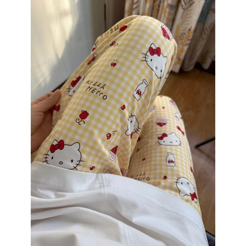 Sanrio-Pantalones amarillos de Hello Kitty para verano, ropa informal suelta, primavera y otoño, pantalones largos para el hogar