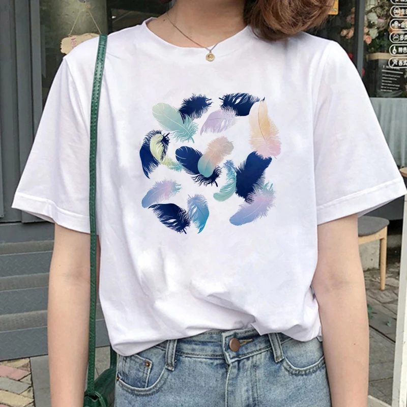 Fashion Pretty feather Printed tshirt women Casual t shirt For Lady Girl summer tops tee kawaii tshirts hipster T-shirt Female