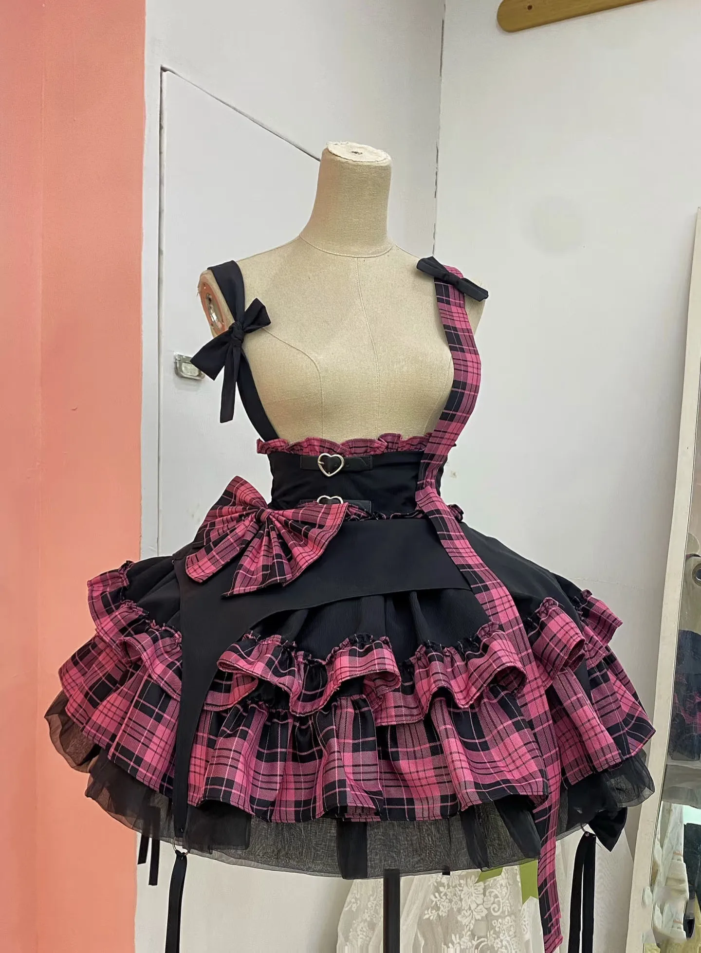 

2025 High Waist Patchwork Plaid Print Punk SK JK Dance Skirt Cake Bow Lolita Subculture Goth Pink Black Puffy Short Strap Skirts