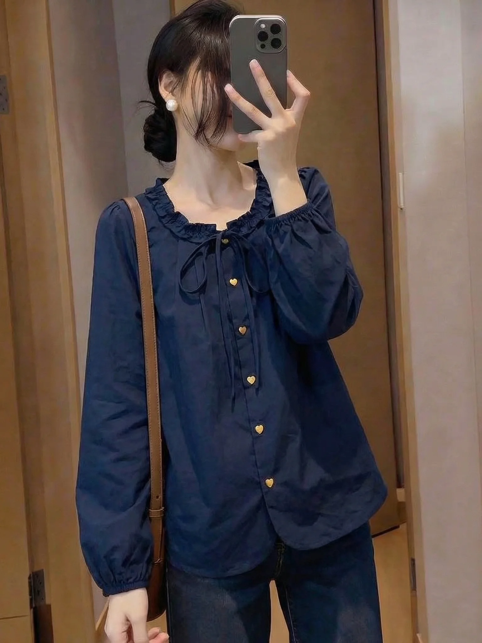 

plus Size Women's Shirt Korean Style Long Sleeve Button up Casual Commute Top Pinkish Purple Shoulder Length with Wood Grain ...