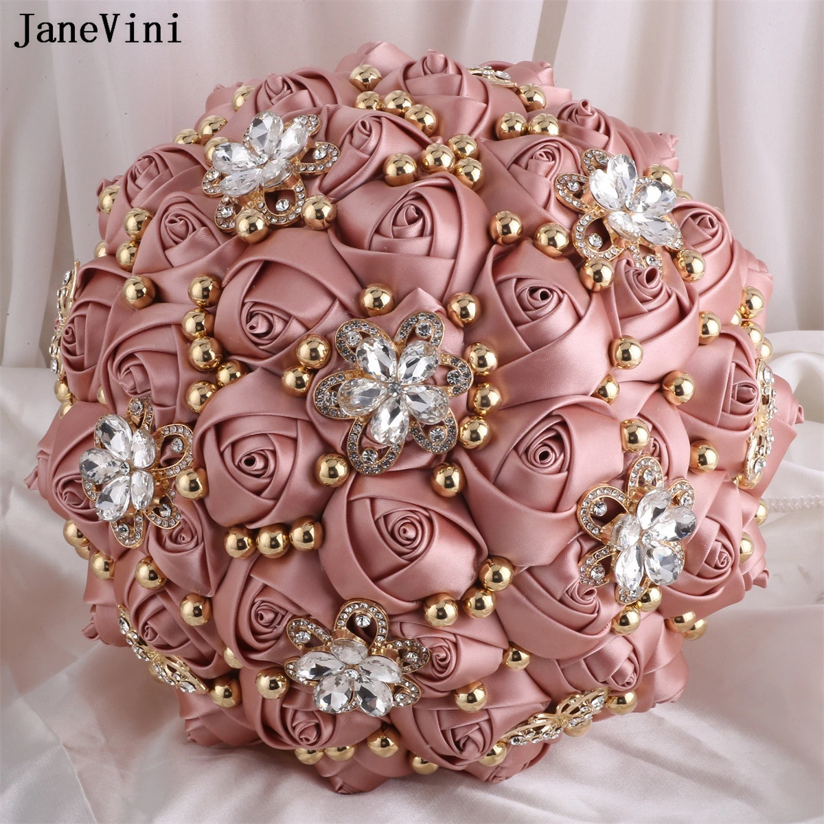 JaneVini Bling Diamond Gold Jewelry Bridal Brooch Bouquets Dusty Pink Wedding Flowers Artificial Satin Roses Bouquet Fleurs Luxe