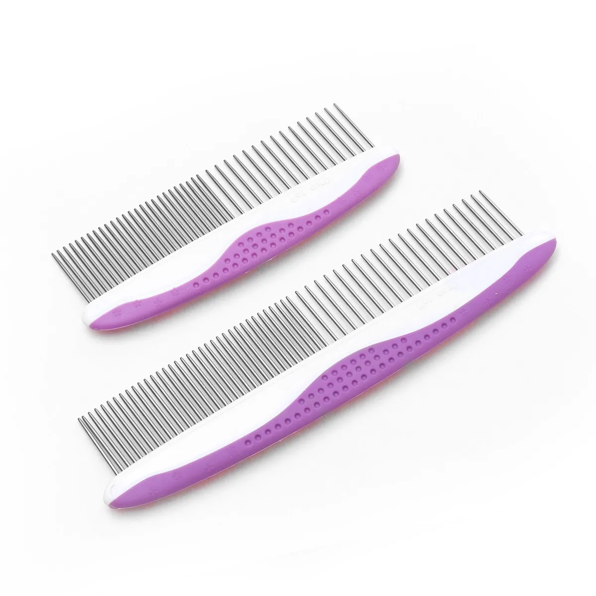 2 PCS Stainless Steel Pet Grooming Combs Set Single Row round Head Flea Comb with Nonslip Grip Size S And L Purple