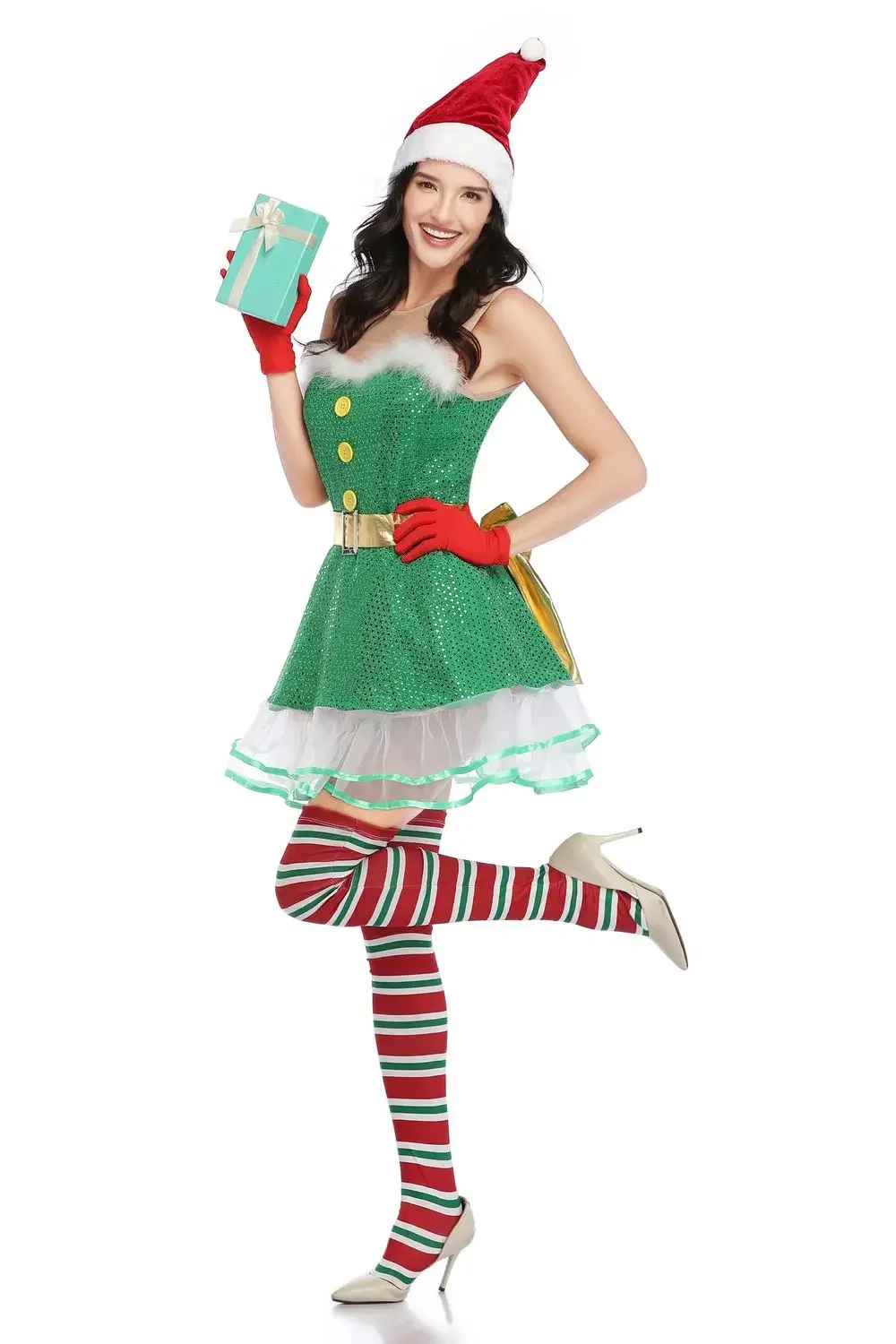 New Women Sexy Christmas Green Elf Costume Xmas Party Cosplay Fancy Dress Santa Helper Elf Dress and Hat Suit