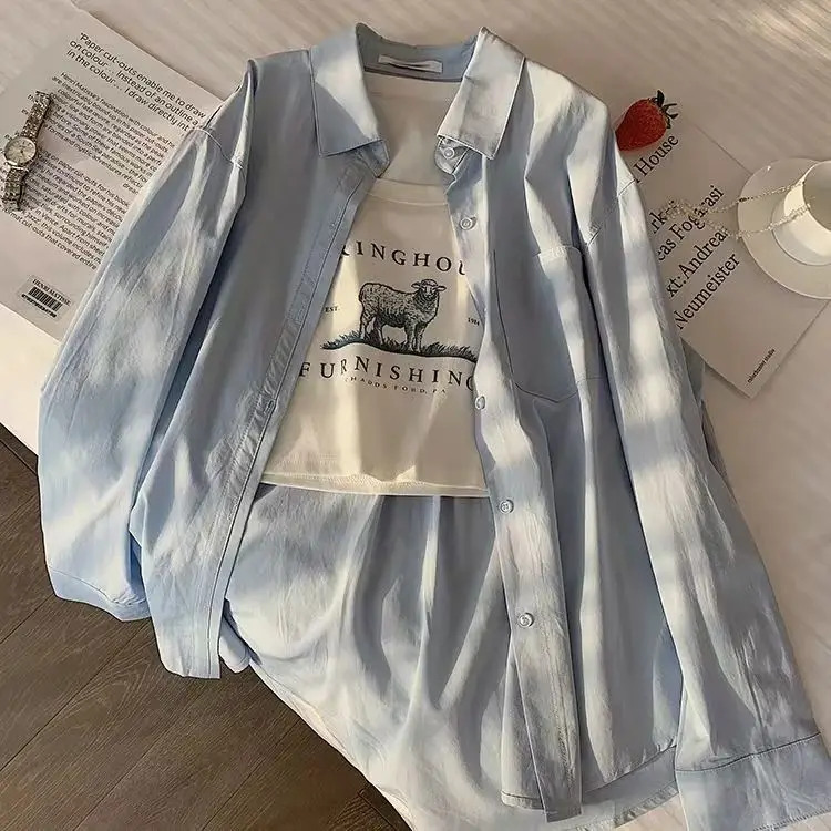 

Light Blue Loose Women's Shirt Dopaamine Summer Style Inner Wear Layering Casual Versatile Shirt Outerwear Cardigan