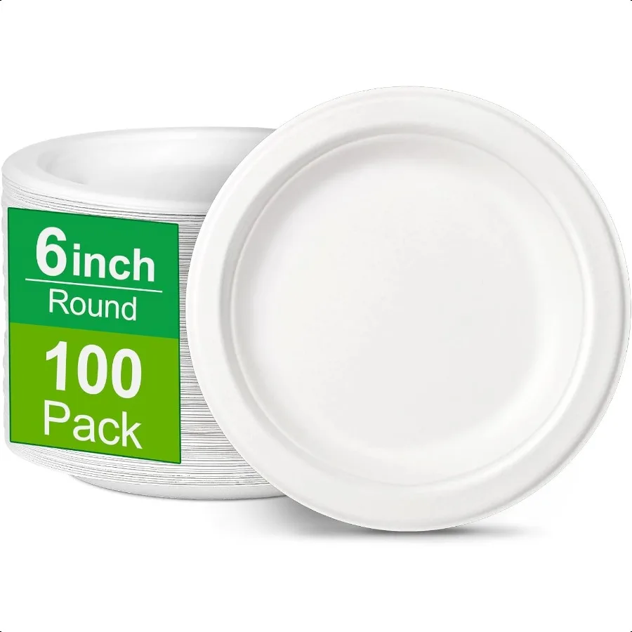 

6 inch Paper Plates 100 Pack Compostable Small White Plates for Dessert Cake Appetizer