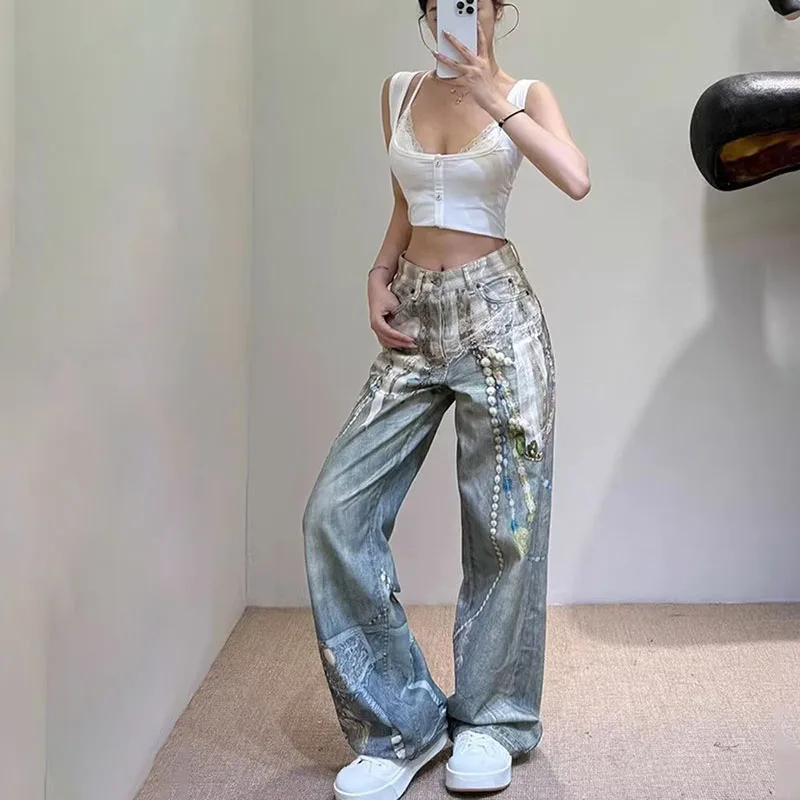 Korean Retro Printed Jeans 3d Chain Lace Pants High Waisted Women'S Jeans Straight Leg Pants Baggy Jeans Y2k