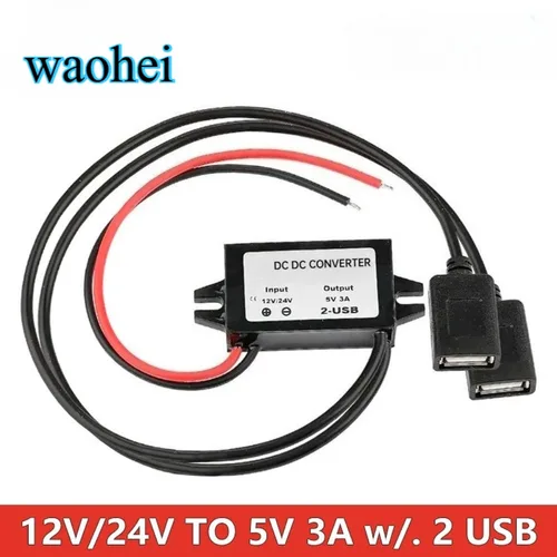 Convertidor de potencia de 12V, 24V a 5V, 3A, DC-DC, módulo adaptador reductor USB de doble comercio, salida de regulador de voltaje con protección inversa