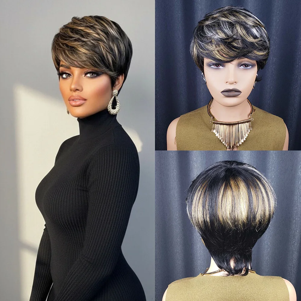 شعر مستعار قصير الطبقات مستقيم بقص عابث ومموجات الأصابع شعر بشري 100% طبيعي واقعي خالي من التشابك آلة كاملة مصنوعة للنساء #3