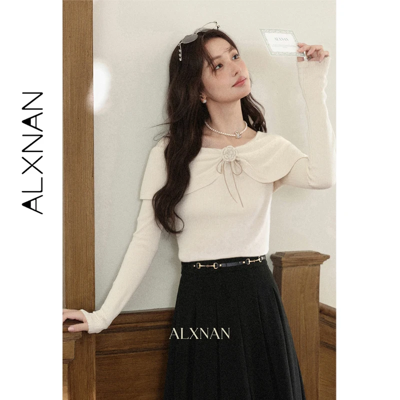 

ALXNAN Women's Sweater Chic Wide Lapel Flower Brooch Pullover 2025 Fall Elegant Office Fashion Long Sleeve Tops Female L58518-1